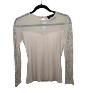 Medium Beige Mesh Rhinestone Embellished Long Sleeve Sheer Y2K
